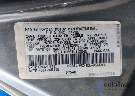 1996 Toyota Avalon Xl/Xls z USA, uszkodzony, nr VIN 4T1BF12B9TU112042